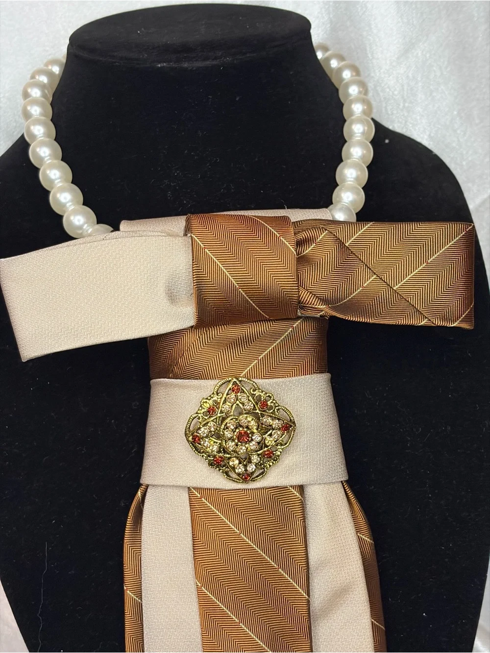 Claiborne Brown and Cream Decorative Necktie Scarf with Brooch